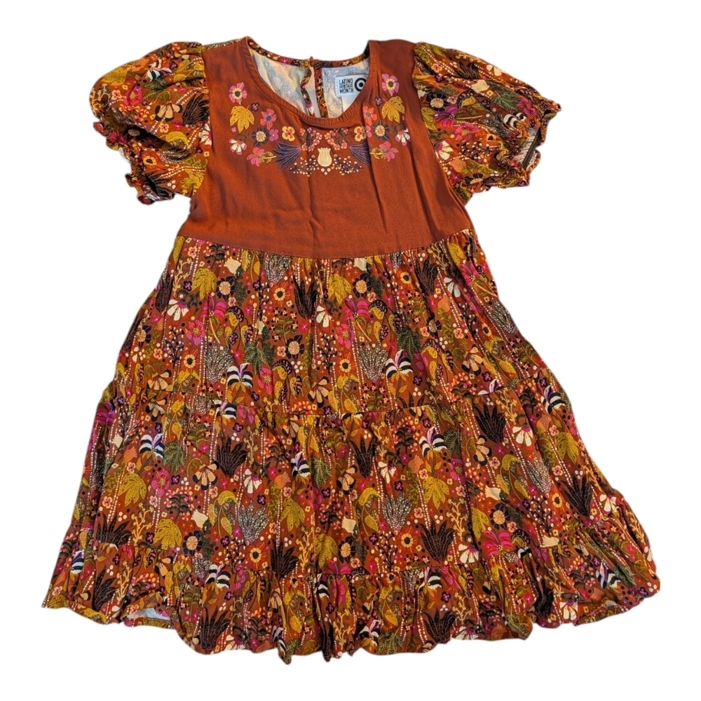 NWOT Target Girls Rust Floral Tiered Puff-Sleeve Dress Cotton Size 5T